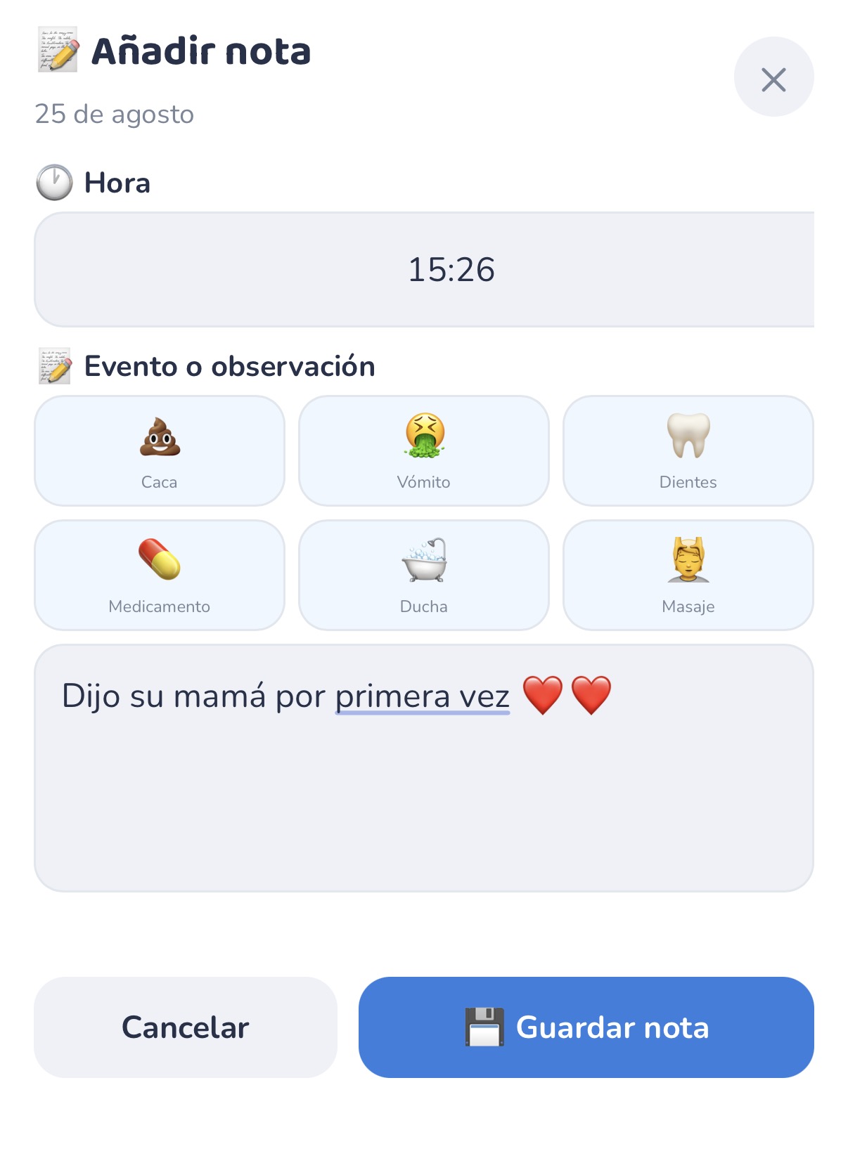Pantalla para añadir una nota en RaydenApp